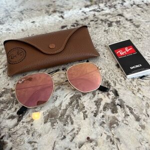 Ray-Ban Gold Frame Hexagonal Sunglasses with Rose Lenses